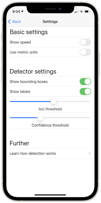 App's settings menu with sliders for confidence and IoU thresholds